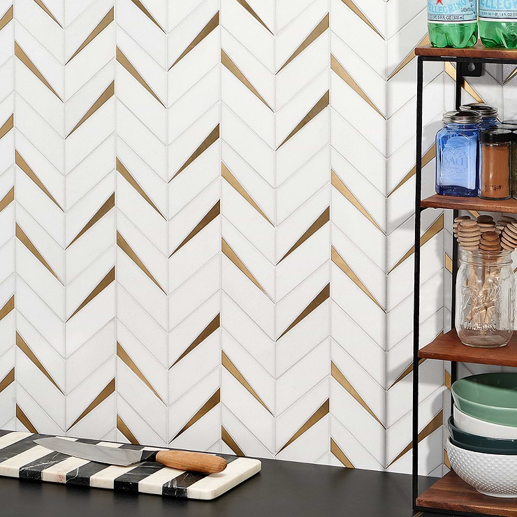 Vara White & Gold Polished Thassos Marble & Brass Mosaic; in White + Brass White Thassos + Brass; for Backsplash, Kitchen Wall, Wall Tile, Bathroom Wall, Outdoor Wall; in Style Ideas Art Deco, Contemporary, Modern, Whimsical; released 2023; new, trends