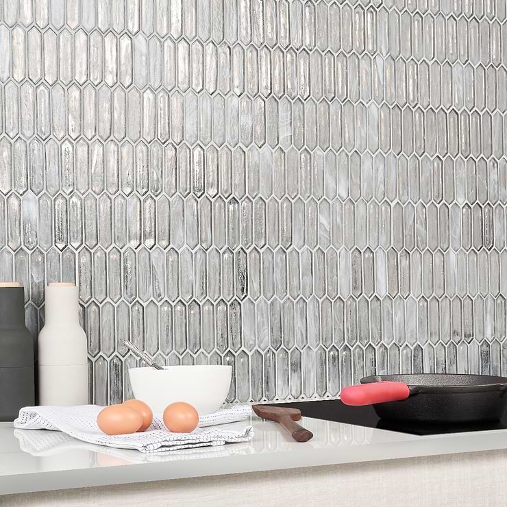 Komorebi Picket Mineral Ice Gray 1x3 Polished Glass Mosaic; in Gray  Glass; for Backsplash, Kitchen Wall, Wall Tile, Bathroom Wall, Shower Wall; in Style Ideas Beach, Contemporary, Mediterranean
