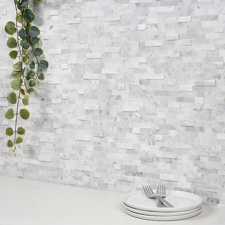 Mini Brick LPS White Polished Peel & Stick Stone Mosaic; in White Marble; for Backsplash, Kitchen Wall, Wall Tile, Bathroom Wall; in Style Ideas Farmhouse