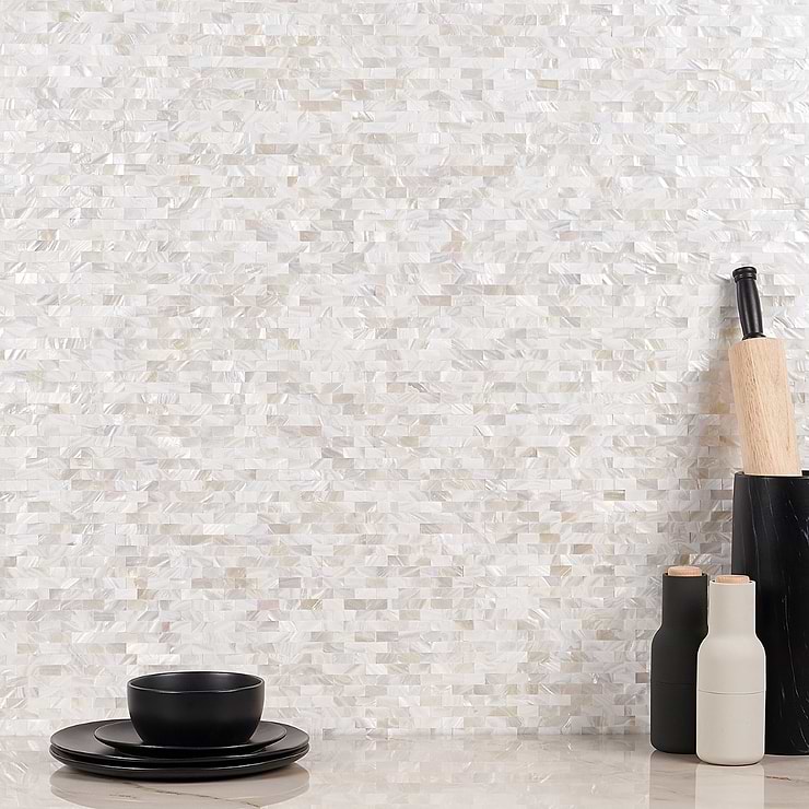 Mother of Pearl LPS Beige Mini Brick Polished Peel & Stick Pearl Shell Mosaic; in White + Cream Pearl Shells; for Backsplash, Kitchen Wall, Wall Tile, Bathroom Wall; in Style Ideas Beach, Classic, Contemporary