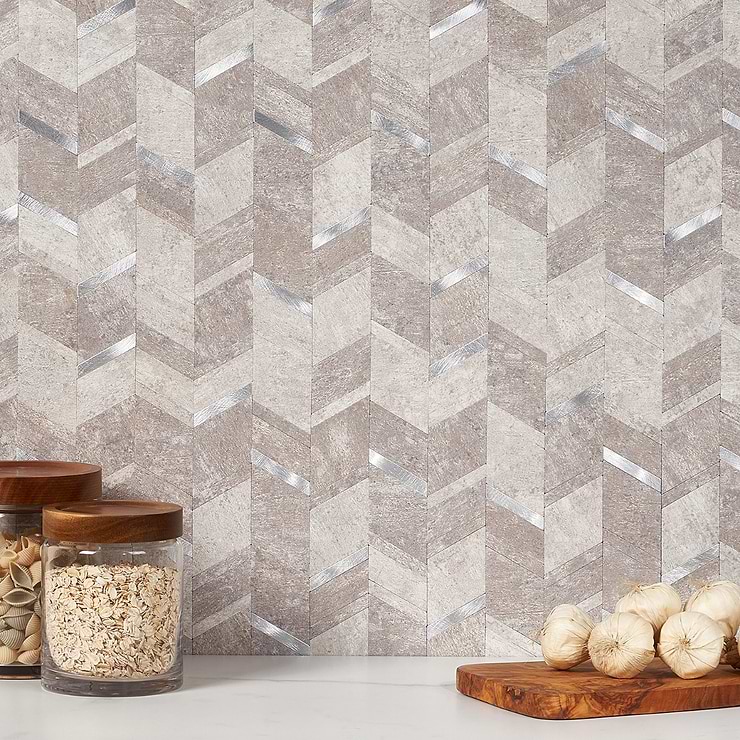 Tether LPS Silver Chevron Metallic Look Matte Peel & Stick Mosaic; in Sliver + Light Gray Aluminum + Solid Polymer Core (SPC) + Polyvinyl Chloride (PVC); for Backsplash, Kitchen Wall, Wall Tile, Bathroom Wall; in Style Ideas Rustic, Contemporary, Industrial, Modern