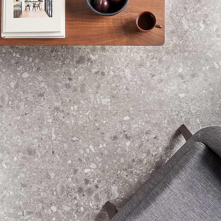 Rizo LVT Earth Gray 12x24 Rigid Core Click Luxury Vinyl Tile; in Earth Luxury Vinyl; for Basement Floor, Bedroom Floor, Floor Tile, Kitchen Floor, Living Space, Residential Floor, Bathroom Floor, Commercial Floor; in Style Ideas Classic, Contemporary, Craftsman, Farmhouse, Industrial, Mid Century, Modern; released 2023; new, trends