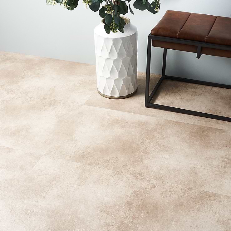 Katone Concreto Beige 18x36 Glue Down Luxury Vinyl Tile; in Beige Luxury Vinyl; for Basement Floor, Bedroom Floor, Floor Tile, Kitchen Floor, Living Space, Residential Floor, Bathroom Floor, Commercial Floor; in Style Ideas Industrial, Modern, Traditional