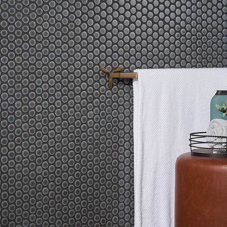 Nirvana Iris Gray 1" Rimmed Penny Round Polished Porcelain Mosaic; in Gray Porcelain; for Backsplash, Floor Tile, Kitchen Floor, Kitchen Wall, Wall Tile, Bathroom Floor, Bathroom Wall, Shower Wall, Shower Floor, Outdoor Floor, Outdoor Wall, Commercial Floor, Pool Tile; in Style Ideas Farmhouse