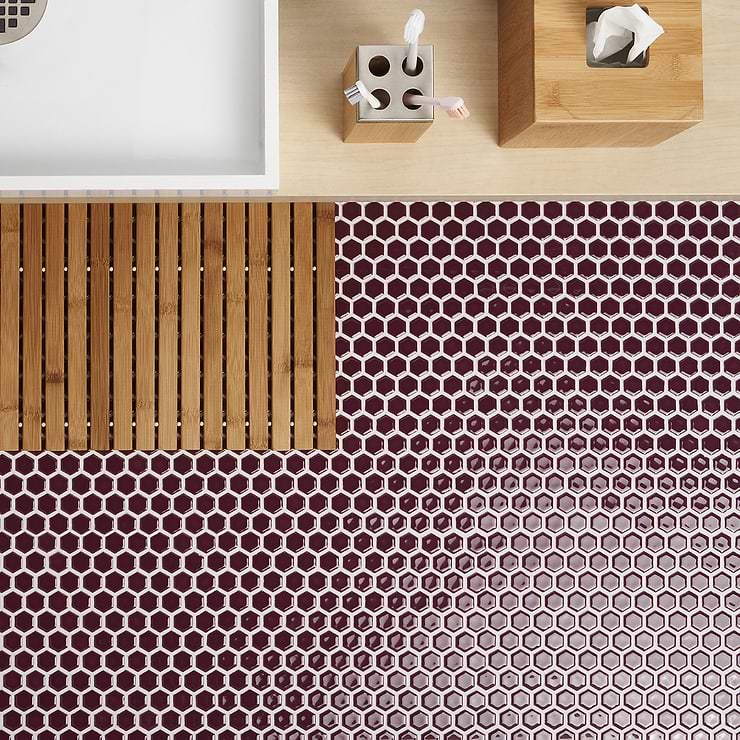 Eden Summer Plum Purple 1" Rimmed Hexagon Polished Porcelain Mosaic; in Purple Porcelain; for Backsplash, Floor Tile, Kitchen Floor, Kitchen Wall, Wall Tile, Bathroom Floor, Bathroom Wall, Shower Wall, Shower Floor, Outdoor Wall, Commercial Floor; in Style Ideas Beach, Classic, Contemporary, Cottage, Mid Century, Mediterranean, Transitional, Tropical, Whimsical