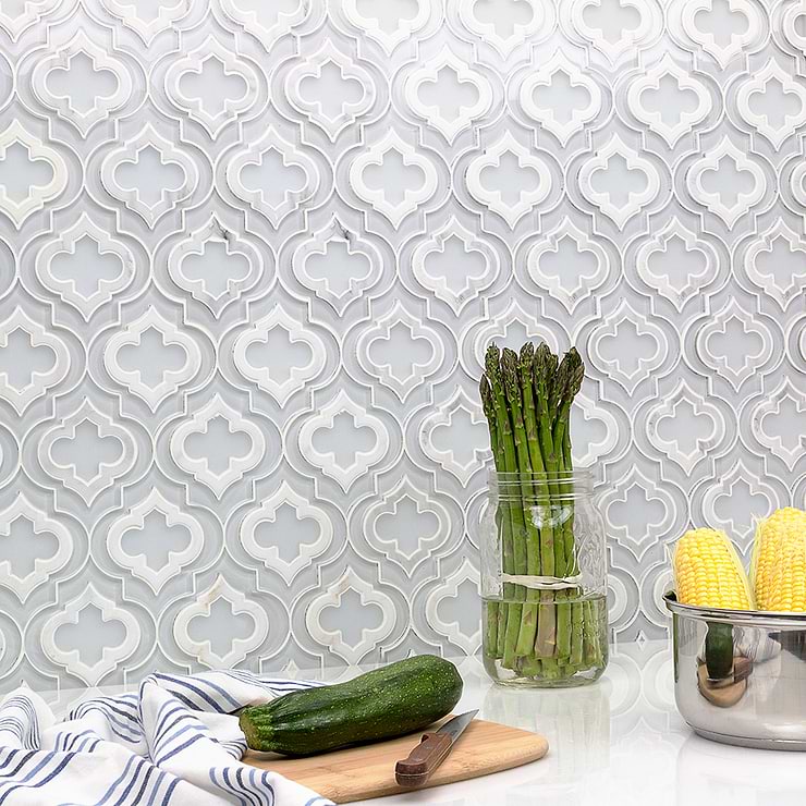 Kensington Super White Glass & Asian Statuary Marble Polished Mosaic Tile