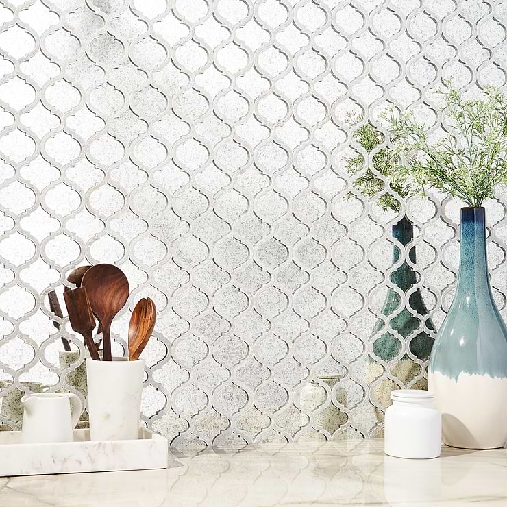 Veranda Lunar White Mirror & Quartz Mosaic; in White Quartz + Antique Mirror Quartz + Mirror; for Backsplash, Kitchen Wall, Wall Tile, Bathroom Wall; in Style Ideas Art Deco, Mid Century, Modern, Transitional, Whimsical