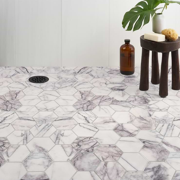 Lilac White 3" Hexagon Honed Marble Mosaic; in White + Dark veins Marble; for Backsplash, Floor Tile, Kitchen Floor, Kitchen Wall, Wall Tile, Bathroom Floor, Bathroom Wall, Shower Wall, Shower Floor, Commercial Floor; in Style Ideas Art Deco, Contemporary, Modern