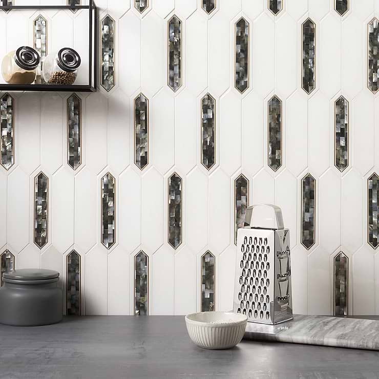 Zeus Black Pearl 2x8 Picket Polished Marble, Pearl and Brass Mosaic Tile; in Black, White, Black and Gold Marble + Pearl + Brass; for Backsplash, Kitchen Wall, Wall Tile, Bathroom Wall; in Style Ideas Art Deco, Contemporary, Modern, Transitional