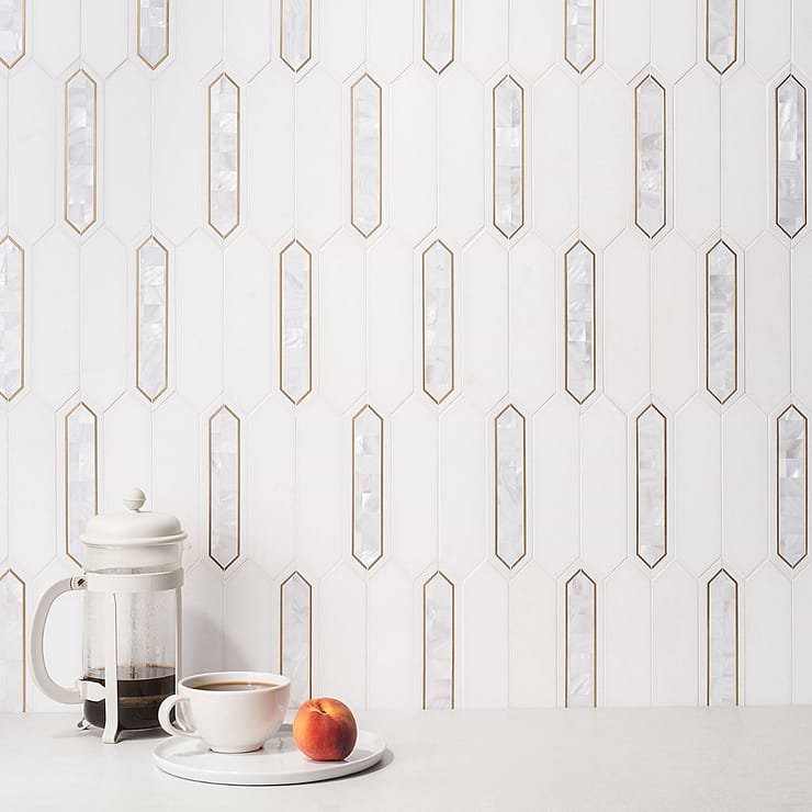 Zeus White Pearl 2x8 Picket Polished Marble, Pearl and Brass Mosaic Tile; in White and Gold Marble + Pearl + Brass; for Backsplash, Kitchen Wall, Wall Tile, Bathroom Wall; in Style Ideas Art Deco, Contemporary, Modern, Transitional