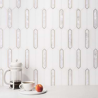 Zeus White Pearl 2x8 Picket Polished Marble, Pearl and Brass Mosaic Tile - Sample