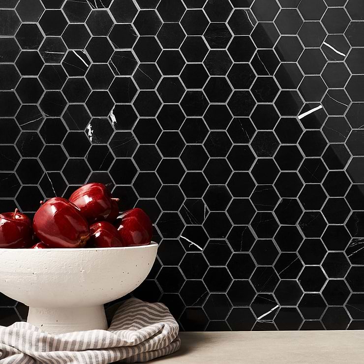 Nero Marquina Black 2" Hexagon Polished Marble Mosaic; in Black Nero Marquina; for Backsplash, Floor Tile, Kitchen Floor, Kitchen Wall, Wall Tile, Bathroom Floor, Bathroom Wall, Shower Wall, Shower Floor, Outdoor Floor, Outdoor Wall, Commercial Floor; in Style Ideas Art Deco, Classic, Contemporary, Craftsman, Industrial, Mid Century, Modern, Transitional; released 2023; new, trends