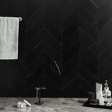 Nero Marquina Black 3x12 Chevron Honed Marble Tile