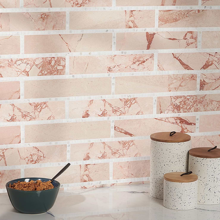 New Palm Beach Pink Brick Polished 3x12" Marble Mosaic by Krista Watterworth; in Pink Calacatta + Rose Desert; for Backsplash, Floor Tile, Kitchen Floor, Kitchen Wall, Wall Tile, Bathroom Floor, Bathroom Wall, Shower Wall, Shower Floor, Outdoor Floor, Outdoor Wall, Commercial Floor; in Style Ideas Art Deco, Mid Century, Tropical