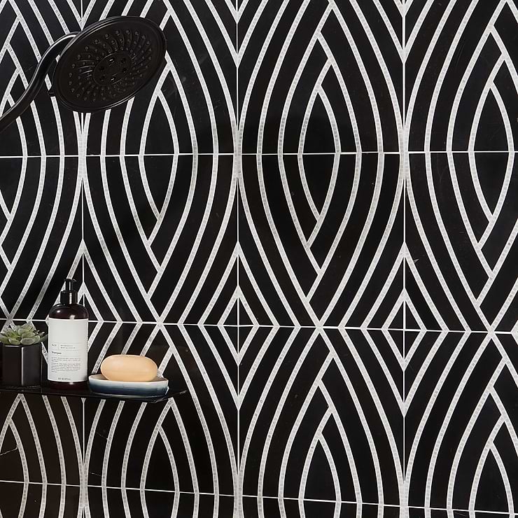 New Palm Beach Black Leaf Polished Marble Mosaic by Krista Watterworth; in Black Black Jade + Calacatta; for Backsplash, Floor Tile, Kitchen Floor, Kitchen Wall, Wall Tile, Bathroom Floor, Bathroom Wall, Shower Wall, Shower Floor, Outdoor Floor, Outdoor Wall, Commercial Floor; in Style Ideas Art Deco, Mid Century, Tropical
