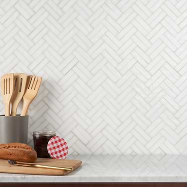 Bespoke Gosh White 3/4" x 3” Herringbone Polished Glass Mosaic Tile - Sample