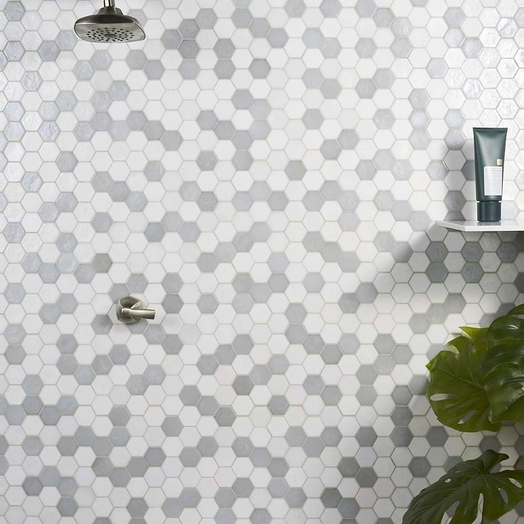 Ohana White 2" Hexagon Polished Glass Mosaic; in White Glass; for Backsplash, Floor Tile, Kitchen Floor, Kitchen Wall, Wall Tile, Bathroom Floor, Bathroom Wall, Shower Wall, Shower Floor, Outdoor Wall, Pool Tile; in Style Ideas Beach, Craftsman, Contemporary, Industrial, Mid Century, Modern, Transitional