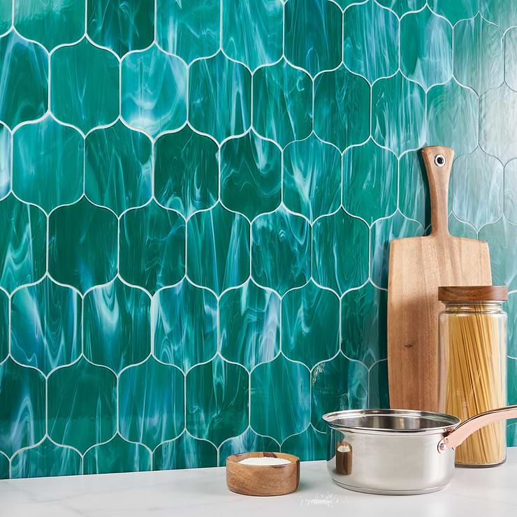Bespoke Jade Green 4x6 Lantern Polished Glass Mosaic; in Green Stained Glass; for Backsplash, Kitchen Wall, Wall Tile, Bathroom Wall, Shower Wall; in Style Ideas Art Deco, Beach, Contemporary, Craftsman, Industrial, Mediterranean, Mid Century, Modern, Transitional
