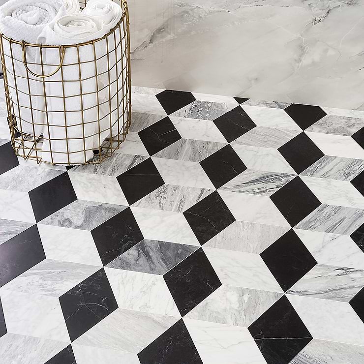 Havasar Grigio Black & White Honed Marble Mosaic; in Black + White + Gray  Nero + Carrara + Bardiglio ; for Backsplash, Floor Tile, Kitchen Floor, Kitchen Wall, Wall Tile, Bathroom Floor, Bathroom Wall, Shower Wall, Outdoor Wall, Commercial Floor; in Style Ideas Art Deco, Classic, Contemporary