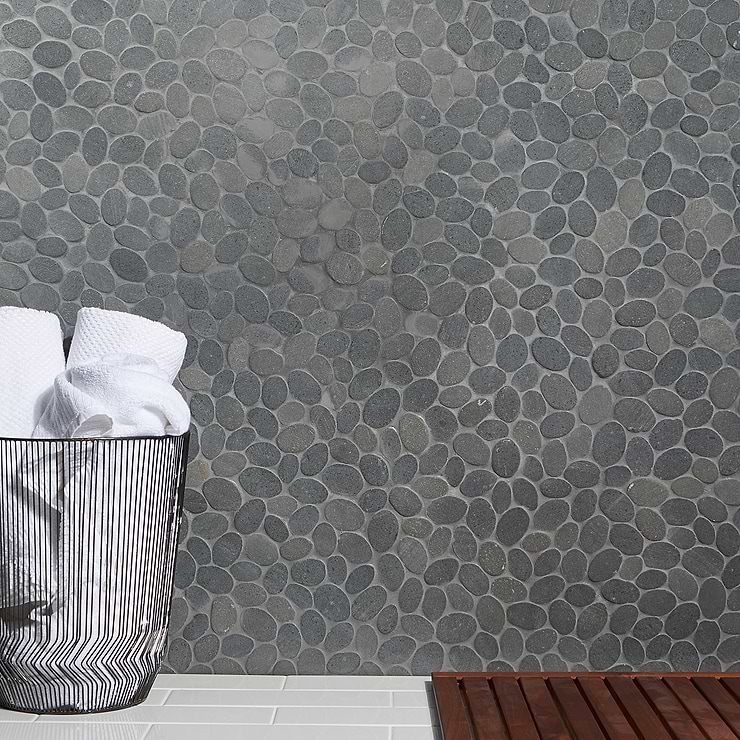 Nature Round Lava Black Honed Natural Stone Mosaic; in Black + Gray  Natural Stone ; for Backsplash, Floor Tile, Kitchen Floor, Kitchen Wall, Wall Tile, Bathroom Floor, Bathroom Wall, Shower Wall, Shower Floor, Outdoor Floor, Outdoor Wall, Commercial Floor; in Style Ideas Beach, Contemporary