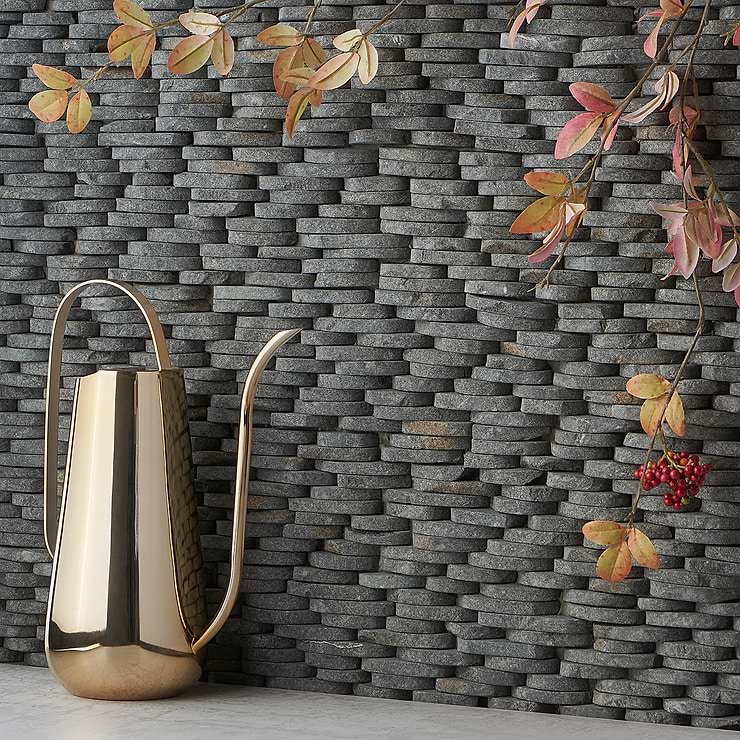 Nature Stacked Lava Gray Honed Natural Stone Mosaic; in Black + Gray  Natural Stone ; for Backsplash, Kitchen Wall, Wall Tile, Bathroom Wall, Outdoor Wall; in Style Ideas Beach, Contemporary