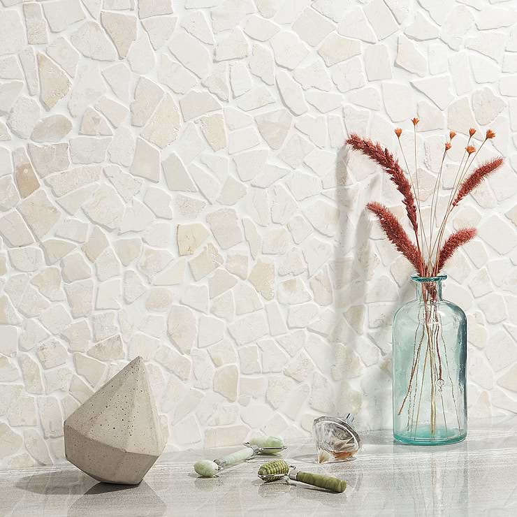 Nature Tumbled Lovina White Honed Natural Stone Mosaic; in Beige  Natural Stone ; for Backsplash, Floor Tile, Kitchen Floor, Kitchen Wall, Wall Tile, Bathroom Floor, Bathroom Wall, Shower Wall, Shower Floor, Outdoor Floor, Outdoor Wall, Commercial Floor; in Style Ideas Beach, Contemporary