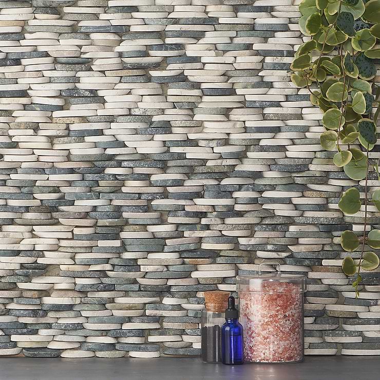 Nature Stacked Raja Blend Multicolor Honed Natural Stone Mosaic; in Multicolor Natural Stone ; for Backsplash, Kitchen Wall, Wall Tile, Bathroom Wall, Shower Wall, Outdoor Wall; in Style Ideas Beach, Contemporary