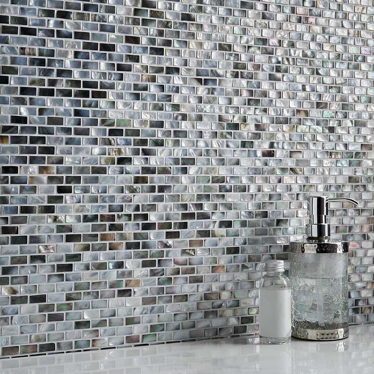 Deep Sea Black & White Mini Brick Pearl Mosaic; in Shades of Iridescent Black and White Freshwater Pearl Shell ; for Backsplash, Kitchen Wall, Wall Tile, Bathroom Wall, Shower Wall; in Style Ideas Beach