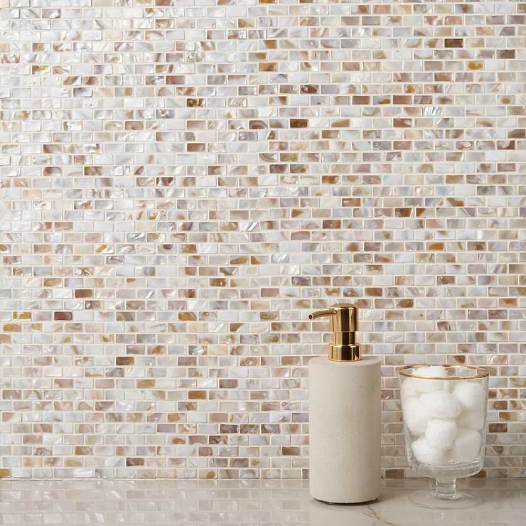 South Seas Pearls Mini Brick Pattern Polished Mosaic Tile; in Light Shades of Brown Pearl Shell; for Backsplash, Kitchen Wall, Wall Tile, Bathroom Wall, Shower Wall; in Style Ideas Beach