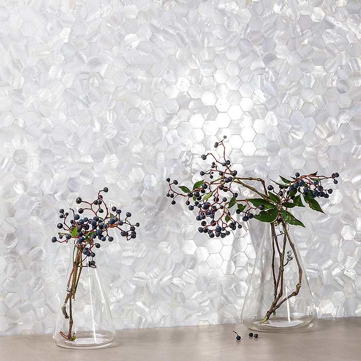 Serene White Hexagon Polished Pearl Mosaic; in White & Pearl Pearl; for Backsplash, Kitchen Wall, Wall Tile, Bathroom Wall; in Style Ideas Beach