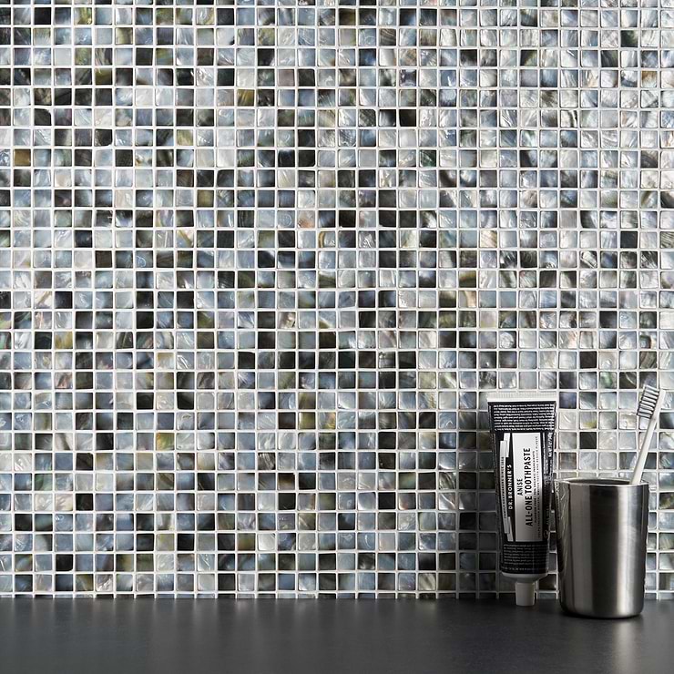 Deep Sea Black & White Square Polished Pearl Mosaic; in Shades of Iridescent Black and White Freshwater Pearl Shell; for Backsplash, Kitchen Wall, Wall Tile, Bathroom Wall, Shower Wall; in Style Ideas Beach