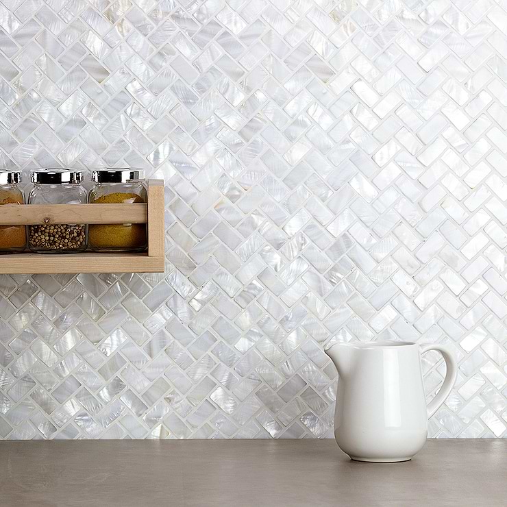 Oyster White Herringbone Polished Pearl Mosaic; in White & Pearl Pearl; for Backsplash, Kitchen Wall, Wall Tile, Bathroom Wall, Shower Wall; in Style Ideas Beach, Classic, Contemporary