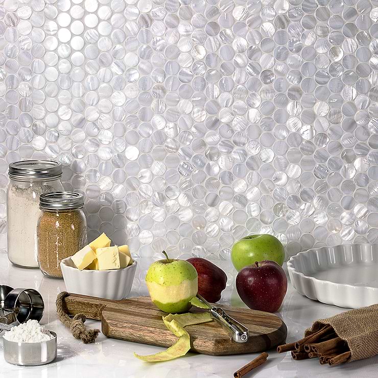 Oyster White Penny Round Polished Pearl Mosaic; in White & Pearl Pearl; for Backsplash, Kitchen Wall, Wall Tile, Bathroom Wall, Shower Wall; in Style Ideas Beach, Classic, Contemporary