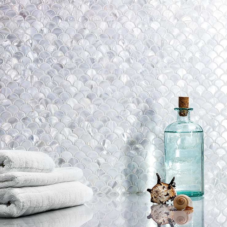 Oyster White 1" Fish Scale Polished Pearl Mosaic; in White & Pearl Pearl; for Backsplash, Kitchen Wall, Wall Tile, Bathroom Wall, Shower Wall; in Style Ideas Beach, Classic, Contemporary