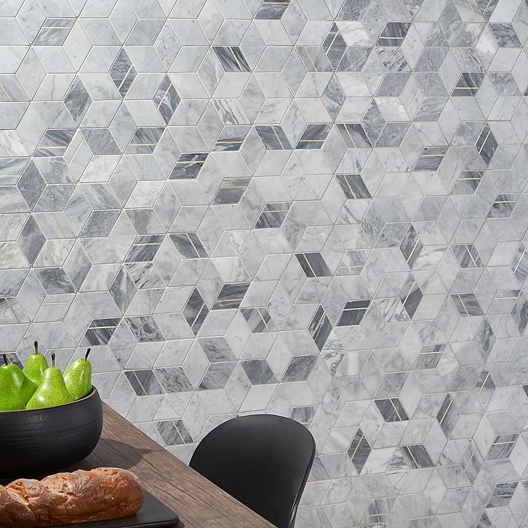 Morgana Bardiglio Polished Marble and Brass Mosaic Tile