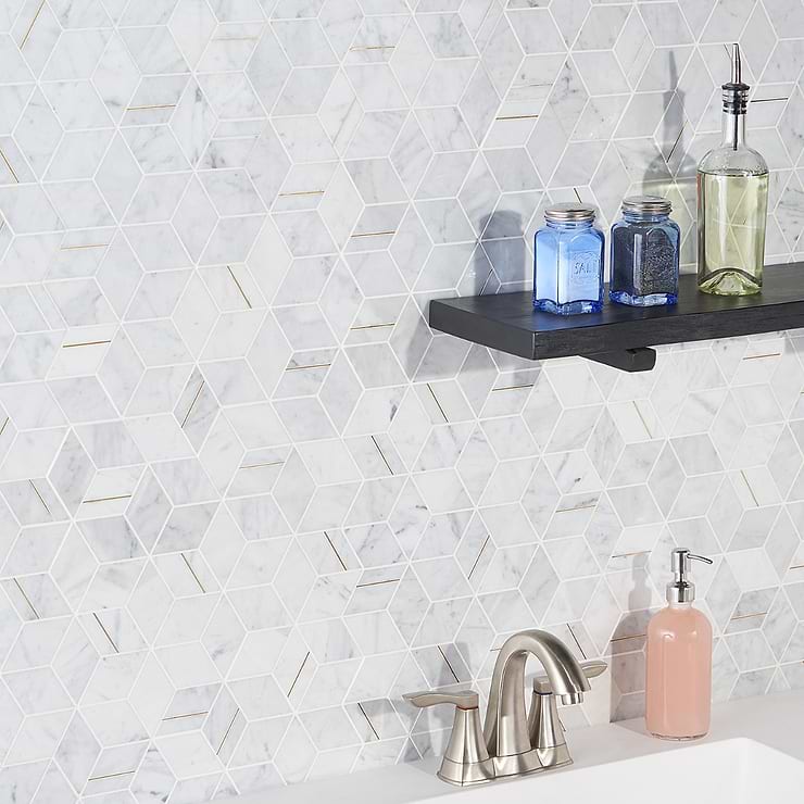 Morgana Carrara Polished Marble and Brass Mosaic Tile