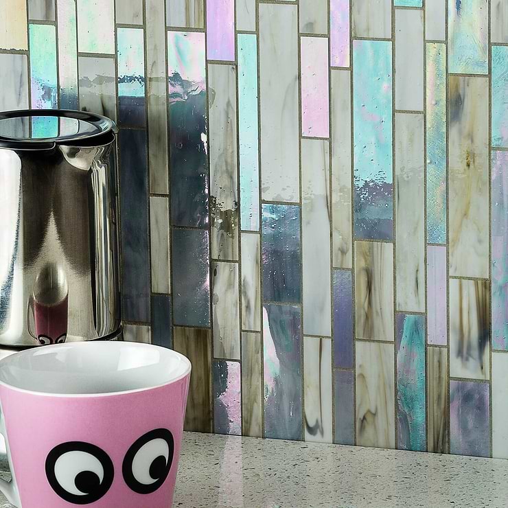 Matchstix Kismet Multicolor Brick Polished Glass Mosaic; in Iridescent Shades of Blue + Pink, White + Hint of Gray Stained Glass; for Backsplash, Kitchen Wall, Wall Tile, Bathroom Wall, Shower Wall, Pool Tile; in Style Ideas Beach, Classic, Contemporary, Tropical