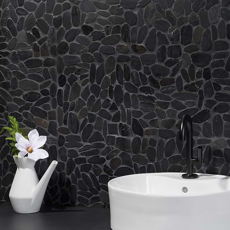 Cobblestone Noir Black Honed Pebble Mosaic; in Black Cobblestone Pebble; for Backsplash, Floor Tile, Kitchen Floor, Kitchen Wall, Wall Tile, Bathroom Floor, Bathroom Wall, Shower Wall, Shower Floor, Outdoor Wall, Commercial Floor, Pool Tile; in Style Ideas Beach, Mediterranean, Rustic, Tropical