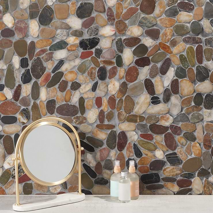 Cobblestone Motley Brown Honed Pebble Mosaic; in Multicolored Cobblestone Pebble; for Backsplash, Floor Tile, Kitchen Floor, Kitchen Wall, Wall Tile, Bathroom Floor, Bathroom Wall, Shower Wall, Outdoor Wall, Commercial Floor; in Style Ideas Beach, Mediterranean, Tropical