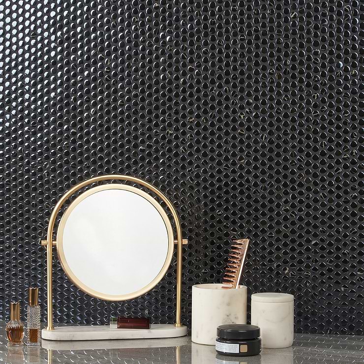 Zoe Nero Black 1/2" Penny Round Polished Glass Mosaic; in Black Glass; for Backsplash, Floor Tile, Kitchen Floor, Kitchen Wall, Wall Tile, Bathroom Floor, Bathroom Wall, Shower Wall, Shower Floor, Commercial Floor, Pool Tile; in Style Ideas Art Deco, Classic, Contemporary, Craftsman, Mid Century, Modern, Traditional, Transitional; released 2023; new, trends