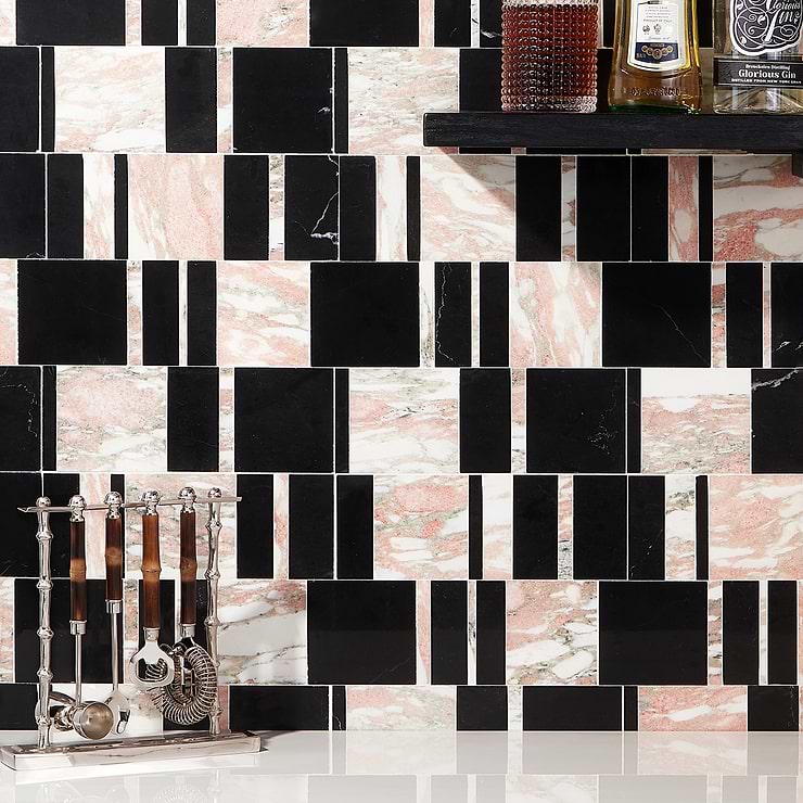 Alayah Rosa Pink Polished Marble Mosaic; in Pink + Black + White Marble ; for Backsplash, Floor Tile, Kitchen Floor, Kitchen Wall, Wall Tile, Bathroom Floor, Bathroom Wall, Shower Wall, Shower Floor, Outdoor Floor, Outdoor Wall, Commercial Floor; in Style Ideas Art Deco, Contemporary