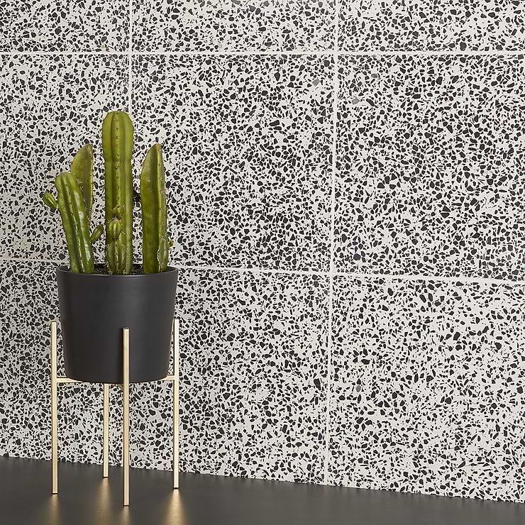Terrazzo Tinos Black and White 16x16 Polished Terrazzo Tile; in Black + White Cement Base with Stone Chips (Terrazzo); for Backsplash, Floor Tile, Kitchen Floor, Kitchen Wall, Wall Tile, Bathroom Floor, Bathroom Wall, Shower Wall, Shower Floor, Outdoor Floor, Outdoor Wall, Commercial Floor; in Style Ideas Rustic, Classic, Craftsman, Industrial, Mid Century, Modern