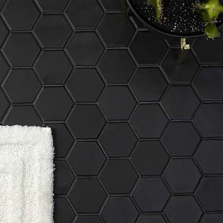 Meadowmere Black 3" Hexagon Matte Ceramic Mosaic; in Black White Body Ceramic; for Backsplash, Floor Tile, Kitchen Floor, Kitchen Wall, Wall Tile, Bathroom Floor, Bathroom Wall, Shower Wall, Shower Floor, Outdoor Wall, Commercial Floor; in Style Ideas Classic, Contemporary, Farmhouse, Industrial, Mid Century, Modern, Transitional
