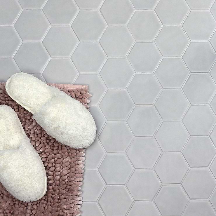 Meadowmere Gray 3" Hexagon Matte Ceramic Mosaic; in Gray White Body Ceramic; for Backsplash, Floor Tile, Kitchen Floor, Kitchen Wall, Wall Tile, Bathroom Floor, Bathroom Wall, Shower Wall, Shower Floor, Outdoor Wall, Commercial Floor; in Style Ideas Classic, Contemporary, Farmhouse, Industrial, Mid Century, Modern, Transitional