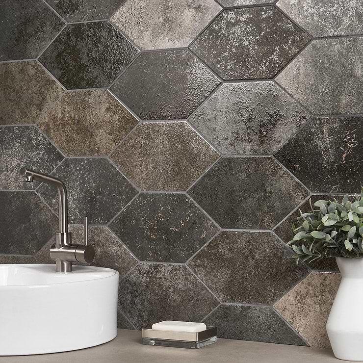 Adorno Magma Gray 7x13 Hexagon Semi-Polished Porcelain Tile; in Gray Mix Porcelain; for Backsplash, Floor Tile, Kitchen Floor, Kitchen Wall, Wall Tile, Bathroom Floor, Bathroom Wall, Shower Wall, Shower Floor, Commercial Floor, Pool Tile; in Style Ideas Rustic, Industrial, Mediterranean