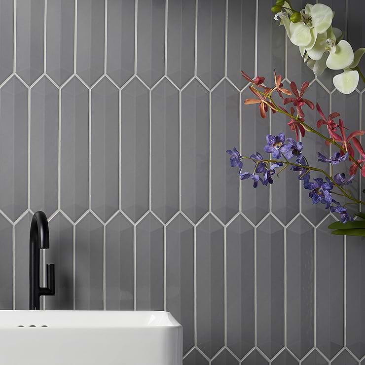 Kent Gray 3x12 3D Picket Polished Ceramic Tile; in Gray Ceramic; for Backsplash, Kitchen Wall, Wall Tile, Bathroom Wall, Shower Wall; in Style Ideas Craftsman, Contemporary, Cottage, Farmhouse, Mid Century, Modern, Traditional, Transitional