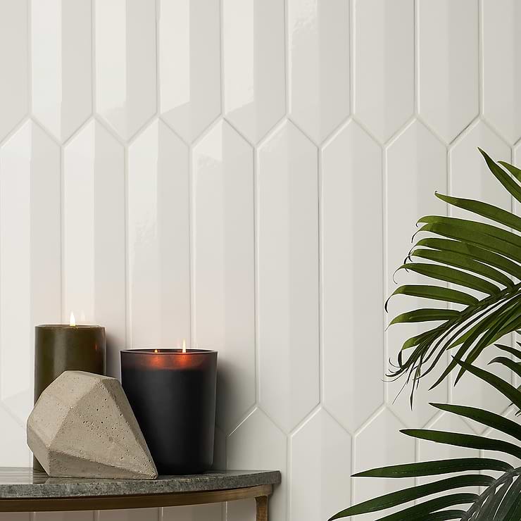 Kent White 3x12 3D Picket Polished Ceramic Tile; in White Ceramic; for Backsplash, Kitchen Wall, Wall Tile, Bathroom Wall, Shower Wall; in Style Ideas Classic, Craftsman, Contemporary, Cottage, Farmhouse, Mid Century, Modern, Traditional, Transitional