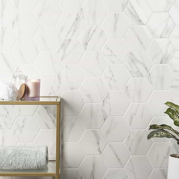 Amalfi Statuario White 6" Hexagon Polished Porcelain Tile; in White with Gray Veining  Porcelain; for Backsplash, Kitchen Wall, Wall Tile, Bathroom Wall, Shower Wall, Outdoor Wall, Pool Tile; in Style Ideas Classic, Contemporary, Craftsman, Farmhouse, Mid Century, Modern, Traditional, Transitional