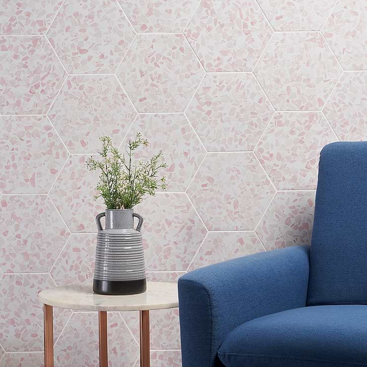 Terrazzo Hex Pink 9" Terrazzo Look Matte Porcelain Tile; in White + Pink Porcelain; for Backsplash, Floor Tile, Kitchen Floor, Kitchen Wall, Wall Tile, Bathroom Floor, Bathroom Wall, Shower Wall, Shower Floor, Outdoor Floor, Outdoor Wall, Commercial Floor, Pool Tile; in Style Ideas Craftsman, Mediterranean, Mid Century, Modern; released 2023; new, trends