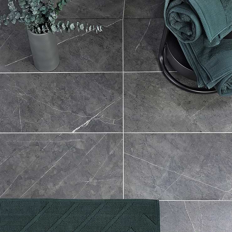 Marble Tech Amani Gray 12X24 Matte Porcelain Tile; in Dark Gray  Porcelain ; for Backsplash, Floor Tile, Kitchen Floor, Kitchen Wall, Wall Tile, Bathroom Floor, Bathroom Wall, Shower Wall, Shower Floor, Outdoor Floor, Outdoor Wall, Commercial Floor, Pool Tile; in Style Ideas Art Deco, Classic, Craftsman, Contemporary, Industrial, Modern, Transitional